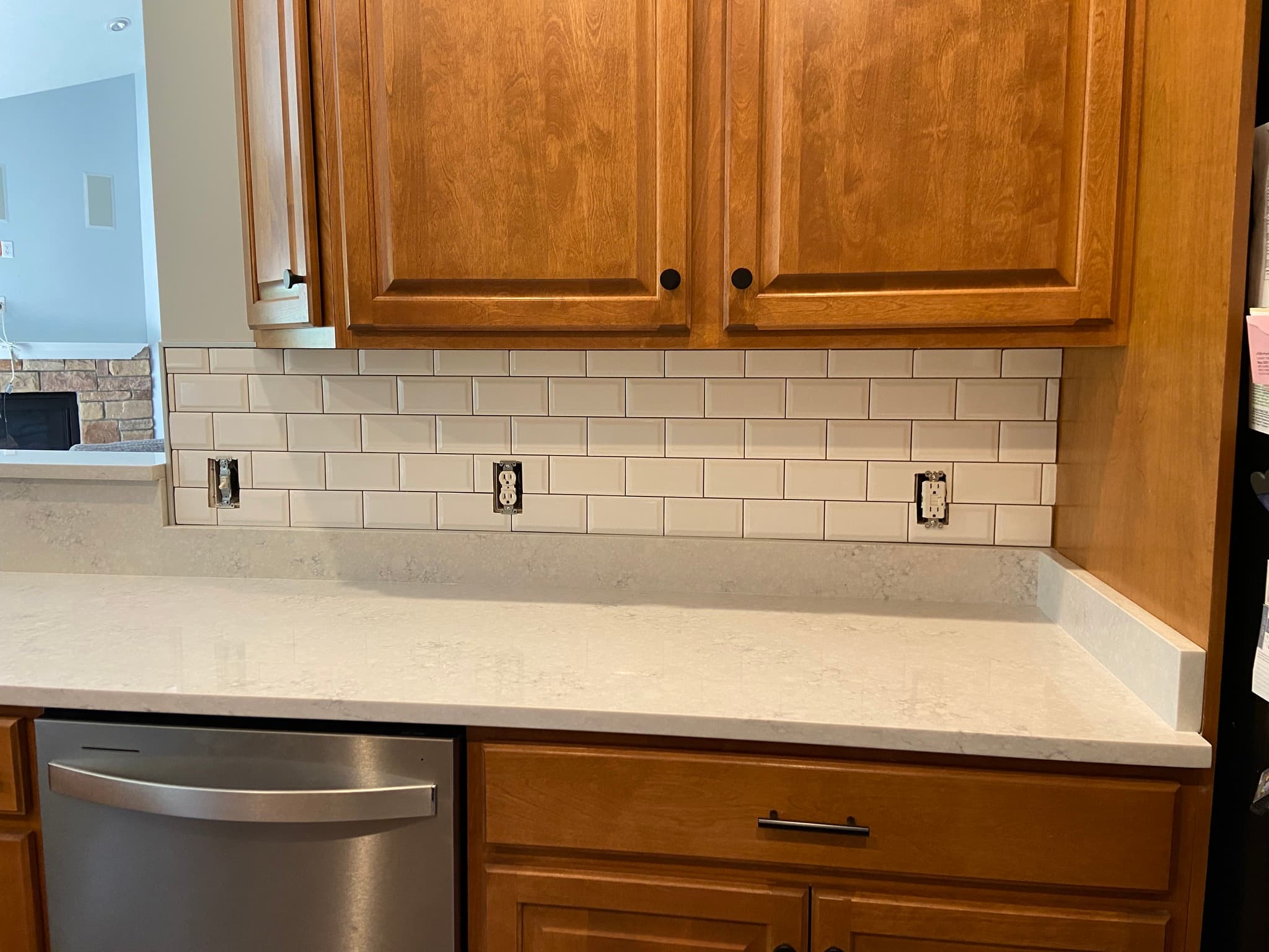Kitchen section with wooden cabinets and stainless steel dishwasher