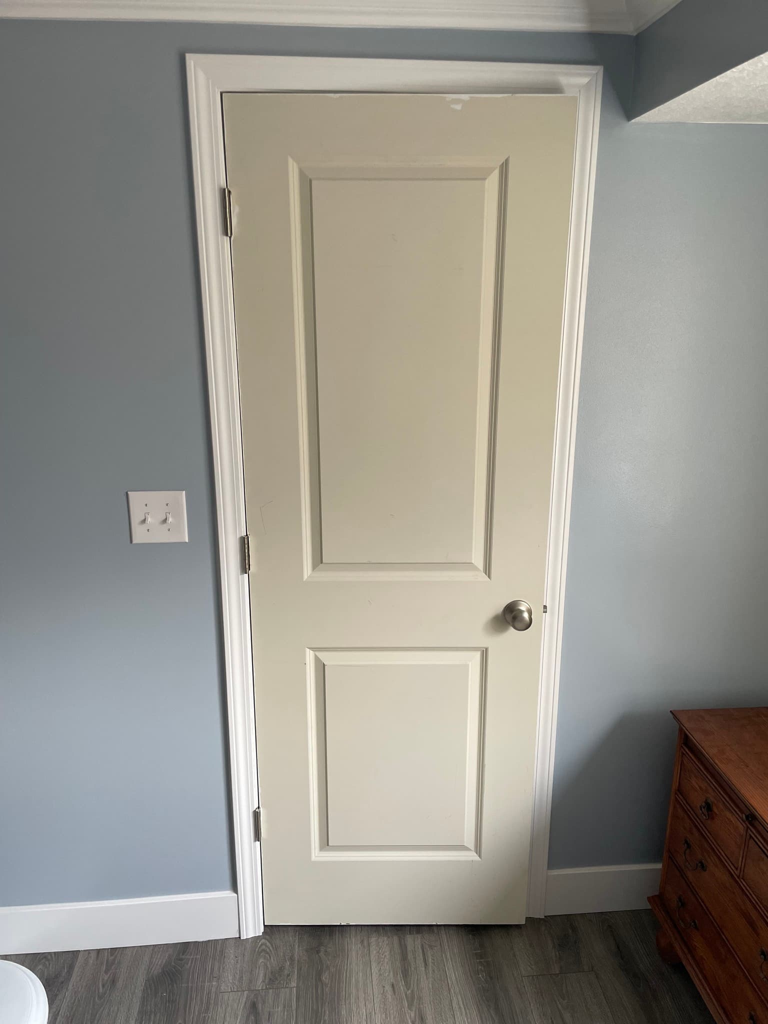 White two-panel interior door in blue-gray wall